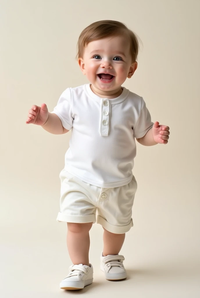 A cute little white baby waring white shirt and little shoes and a shorts 