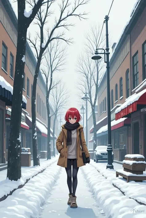 Asuka is walking along a snowy street