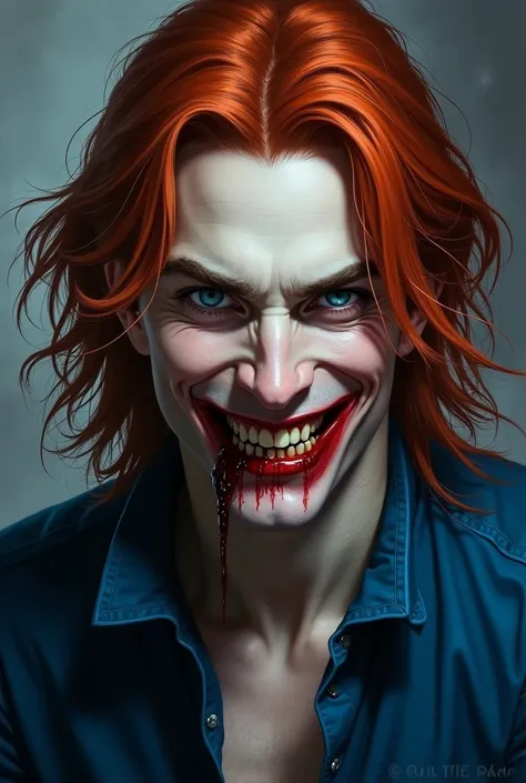 Vampire , man ,  red hair , blue clothes ,  medium length hair ,  blood comes from the mouth  , smiles , art , Drawing