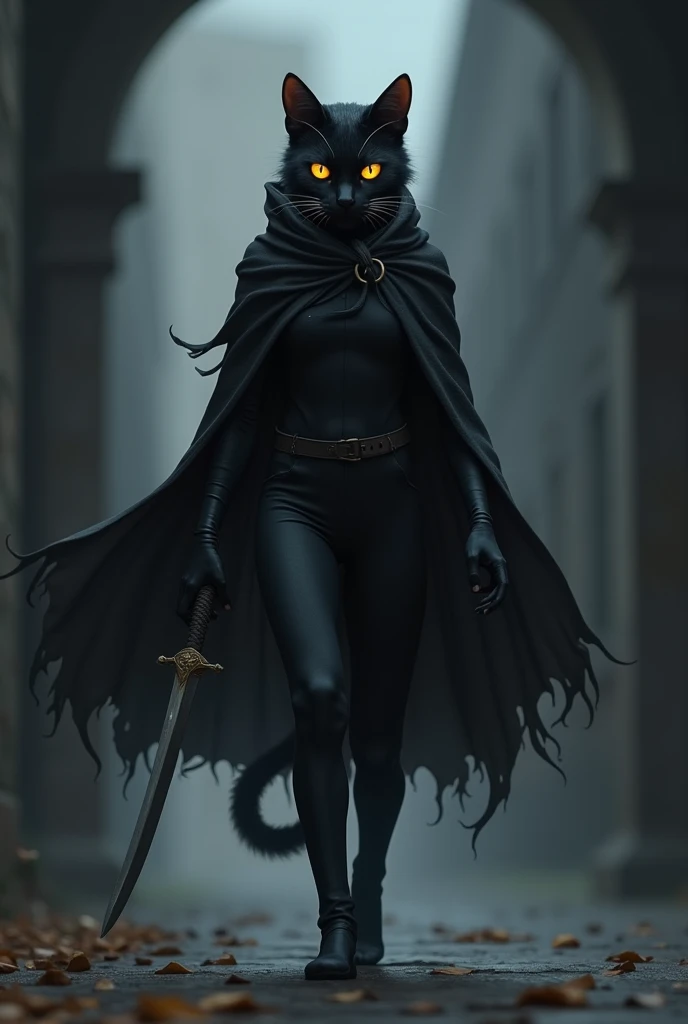  RPG character in the shape of a black cat , discreet,  dressed as a silent killer ,  a dagger and eyes that glow in the dark, Smart look  