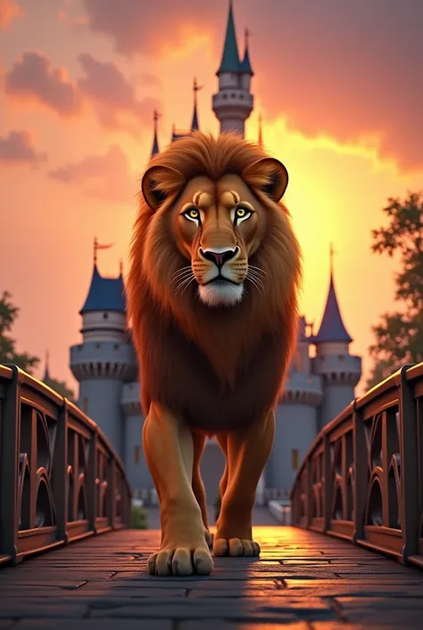 Au premier plan un lion du genre muphasa dans le roi lion qui se tient debout sur un pont levi baissé. Le lion est entrain de marcher tranquillement vers nous. Juste derrière le pont levi on trouve le château de Disney land que lon voit au début des produc...