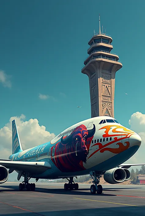  Image of a 747 plane with the print of an imposing bull, in bright and striking colors and behind the plane an airport control tower in cement color and Aymara designs
The background is a nuanced aviator blue