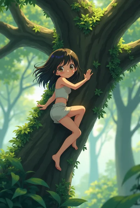 Anime girl, barefoot, climbing, tree, hanging on trunk