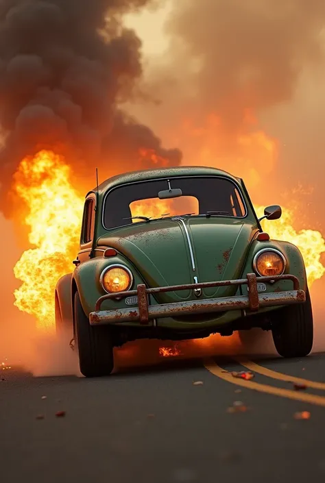 Realistic image of a merger of a Volkswagen Beetle with a truck on a burning highway while the ghost biker pursues it