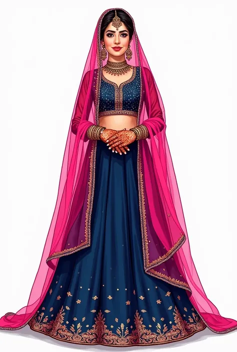 An pakistani bride with dark blue beaded lehanga and shocking pink qameez and dupatta. The qameez should fully cover her torso. Her hands have mehndi. The face of the bride should not be detailed but draw it in a doodle way. The drawing should not be reali...