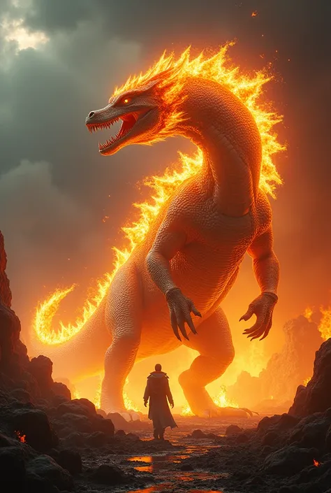  A colossal Komodo dragon that represents the element of fire.  His body is covered in yellow and red flames . He is hiking through a rocky region ,  leaving a trail of fire .  The sky is dark with rays cutting through the sky to the ground  