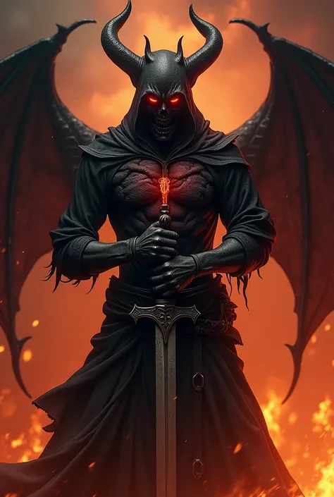 PNG logo of a demon dressed all in black with a sword in the middle of his chest holding it with both hands and his eyes are red and in the background there is fire and that says 7