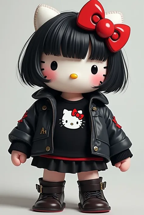 A Hello Kity with a short black wig, a black miniskirt and a jacket. 