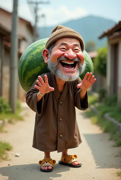 3d caricature photography of a 60 year old man, very big head, a little stubble on his chin, wearing a brown beanie, wearing a 3/4 brown robe, wearing cute bear sandals, laughing broadly while carrying a big watermelon on his back, at the rural street. 