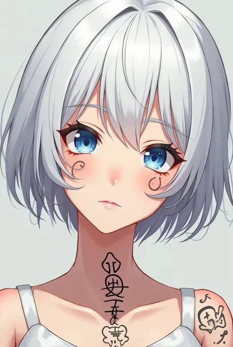 Anime drawing 35 year old woman, snow-white short hair,  white thick eyebrows and eyelashes,  blue eyes , thin lips, very light skin, black drawings of runes on the body and cheeks