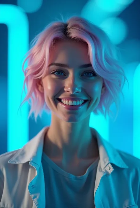  perfect portrait of a white woman with a friendly and gentle look , short pink hair,  front view, blue lighting,  looking directly into the camera ,  dressed in casual attire , but modern. pink and blue lighting , Realistic hair, a blue lighting reflete n...