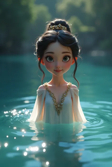 Description: Figure of a magical woman coming out of the lake , decently dressed,  shining softly with a welcoming smile, showing herself serene and wise . Pixar style