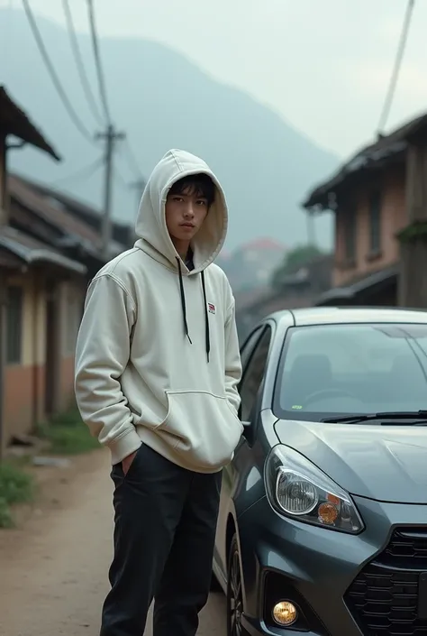 A 27 year old man is standing wearing a white hoodie jacket next to a modified Honda Brio car Car parking background  Village atmosphere 