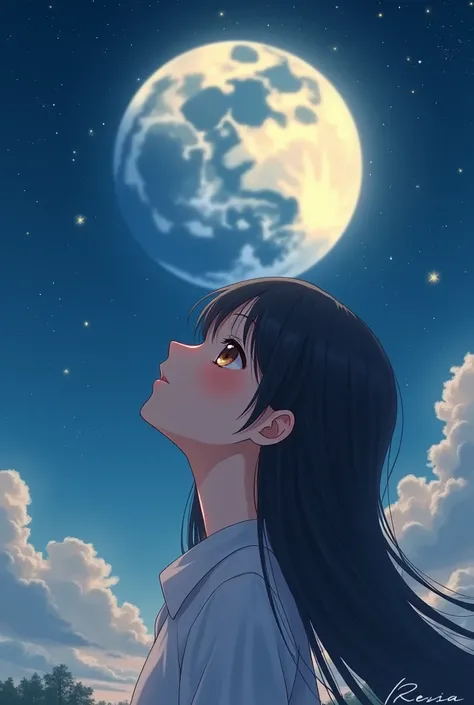 Anime cute loli bunny 22 year old girl height 54 black long hair brown eyes looking at sky starry night beautiful moon at night 