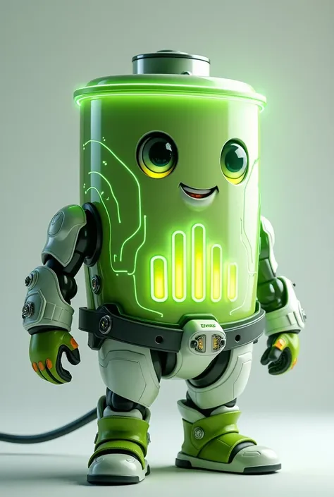 "Create a futuristic and friendly battery-shaped mascot character named Energix, designed for a modern energy and technology company. The character has a robust and trustworthy body, predominantly green and white, with glowing lines resembling modern circu...