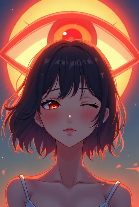  A female anime character with her left eye closed. And the Sun in the shape of an eye 