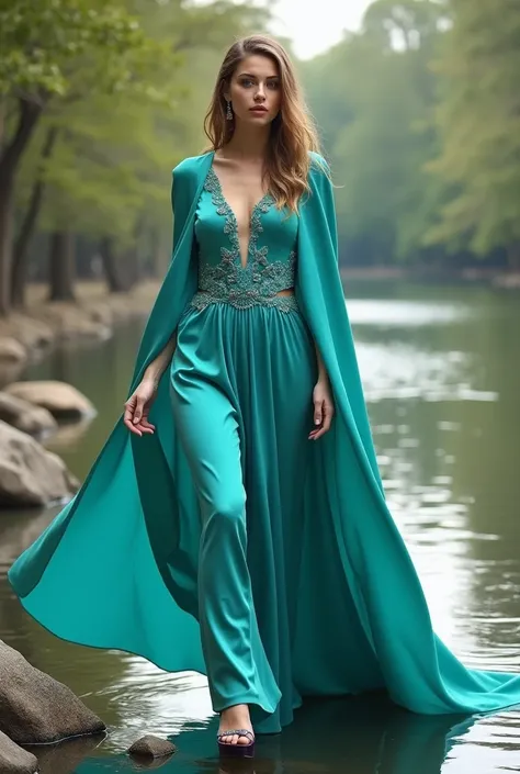 Realistic fashion photography, full body , super detailed, trendy portrait of a female model with turquoise makeup, wearing a maxi sleeveless turquoise satin cape coat with cut out design , and curved lines based on the flow of water element, romantic styl...