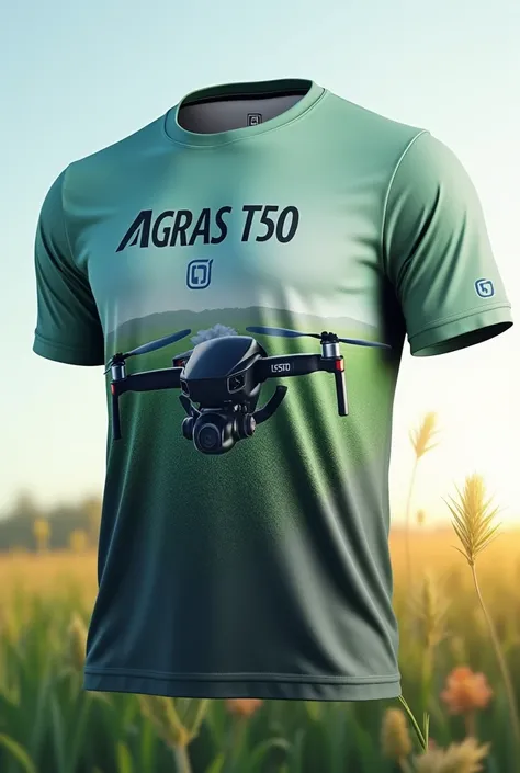 Create an image of a shirt with DJI Agras T50 drone logos 