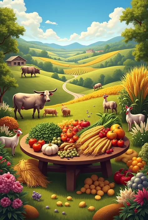  Create the image Maize , table, wheat and vegetables .   wines and singanis Cattle breeding,  pigs and hens .  