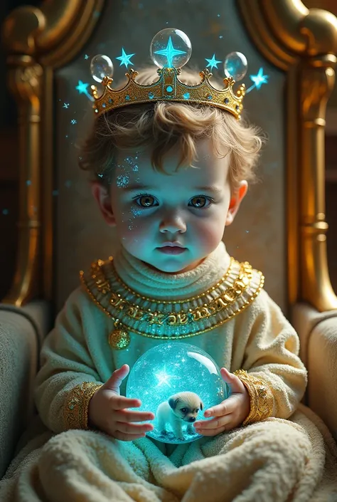 imagine prompt: Cinematic portrait of a translucent glass baby king figure, the image is full of movement and life - plants and seahorses - and the things inside the glass baby figure move, creating stunning cinematic scenes ("3D rendering realistic, ultra...