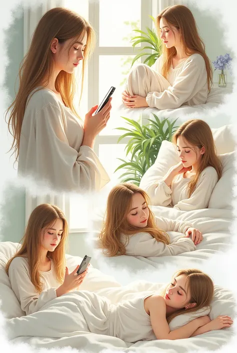  Drawing of a girl ,  that same girl looking at cell phone , the girl sleeping ,  the girl dreaming
The girl talking to someone