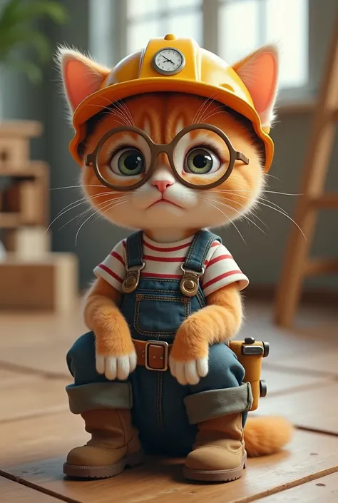 one " Mason Kitten "  wears a jumpsuit or twill with frayed details ,  a striped t-shirt or fitted tank top ,  sturdy work boots with cute details ,  and a safety helmet with cat ears . He carries a tool belt ,  including items such as a hammer and measuri...