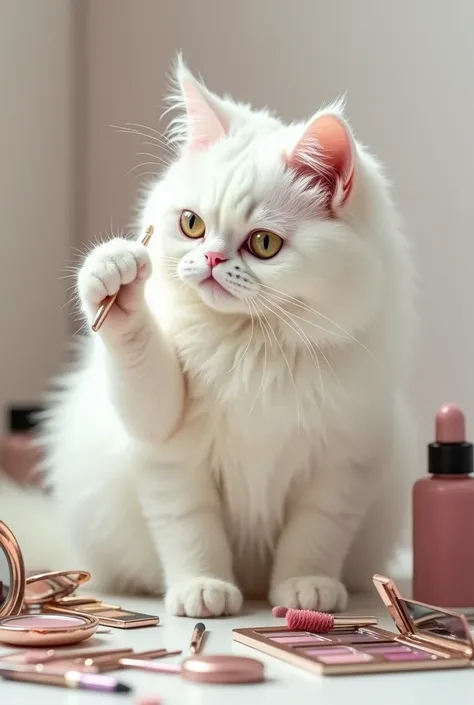 A white cat putting on makeup