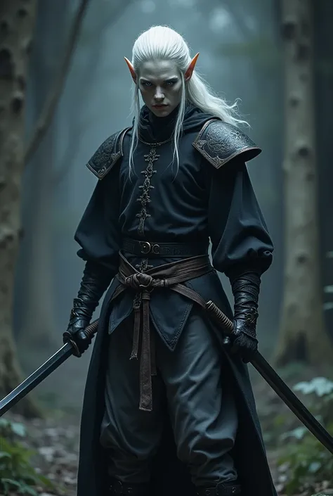 An elf man with blue eyes,  alabaster-colored skin , Skewed white hair and with black medieval style clothes with gray pants and with two Katanas,