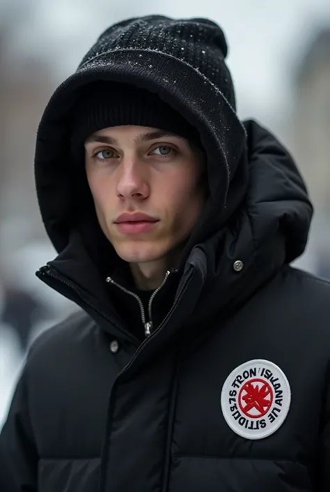 Can u create a person wearing the ralph lauren black puffer with a stone island badge blavk beanie with his hood up 