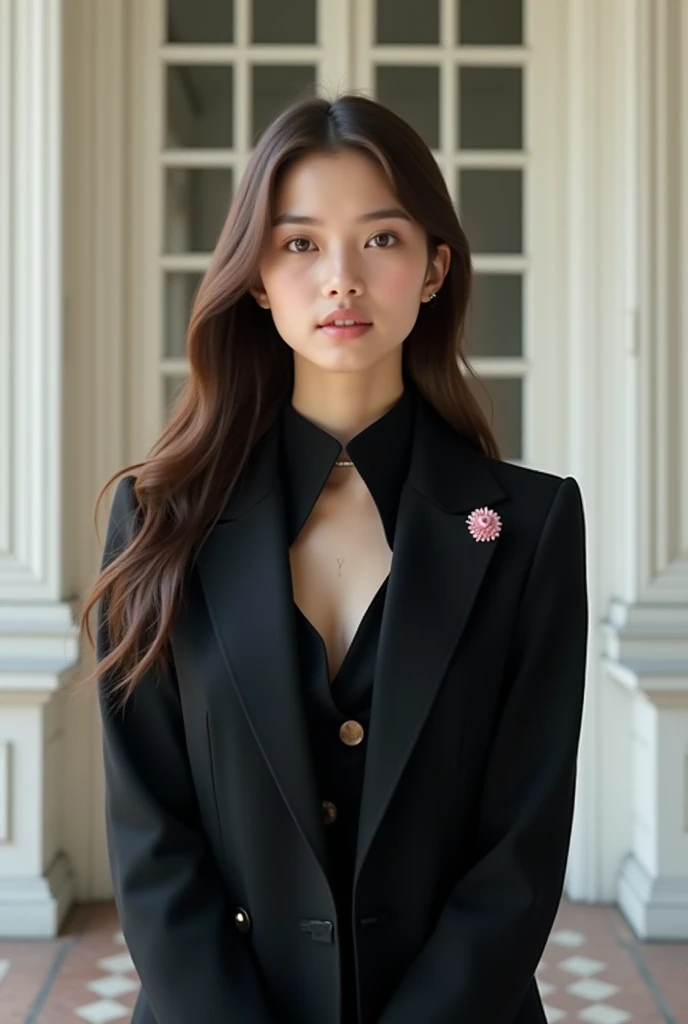 Realistic cute 19 year old girl wearing black choker and black full clothes no cleavage of her is showing and her shoulders are also covered with her black blazer, her breasts are also not visible and hidden in her clothes properly which has a beautiful go...