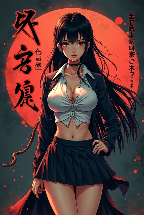 ((((dramatic))), (((gritty))), (((intense))) film poster featuring a japanese busty women school uniform short skirt tight shirt super open cleavage bare thighs  large boobs  as the central character. She stands confidently in the center of the poster, wea...