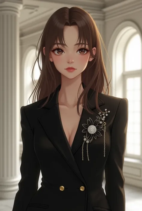 Realistic, cute, 19 year old girl, wearing black choker and black full clothes, no cleavage of her is showing and her shoulders are also covered with her black blazer, her breasts are also not visible and hidden in her clothes properly, her skin under her ...