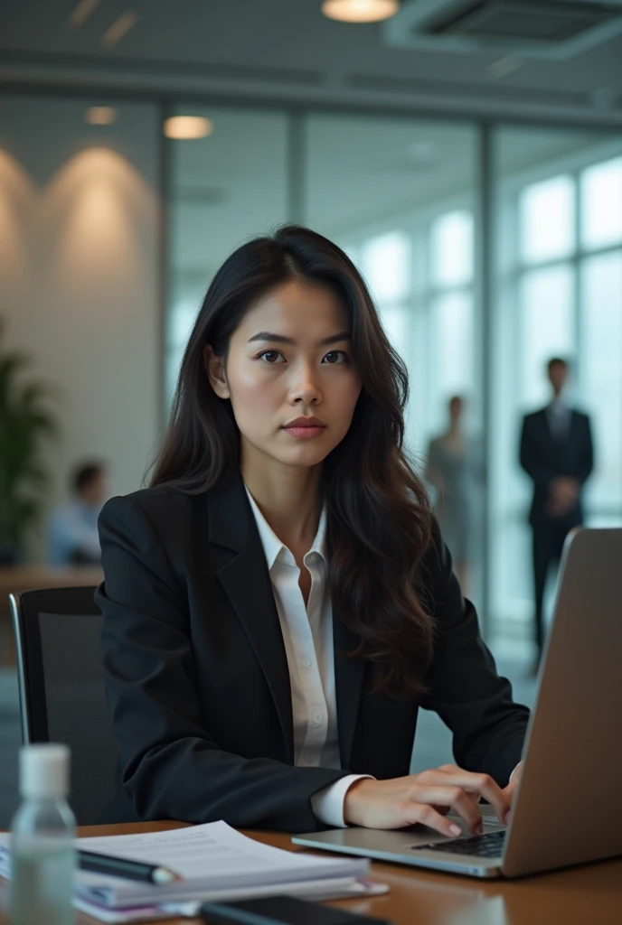 a black-haired woman ,  posing sitting at a desk who is an industrial psychologist and who works in the company IBM International Business Machines Corporation, Make it look very real and create a lot of photos of that same woman passing in various places ...