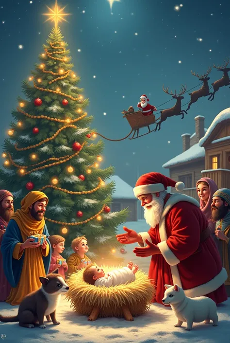  create Christmas image with the birth of the  Jesus the Three Wise Men little animals, Christmas tree and Santa Claus with his reindeer 