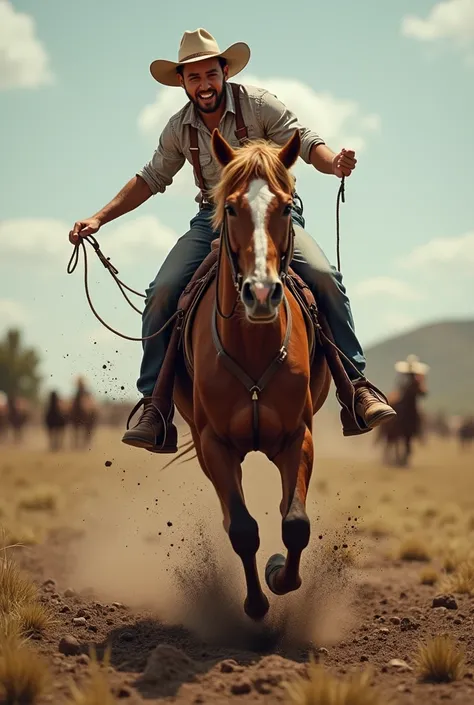 A young cattle rancher falling from the top of a horse,
 The cattle farmer falls with his face in the horses poop.
funny scene  