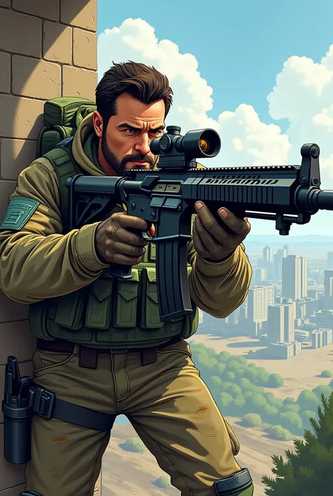 Elite sniper holding a machine gun in cartoon