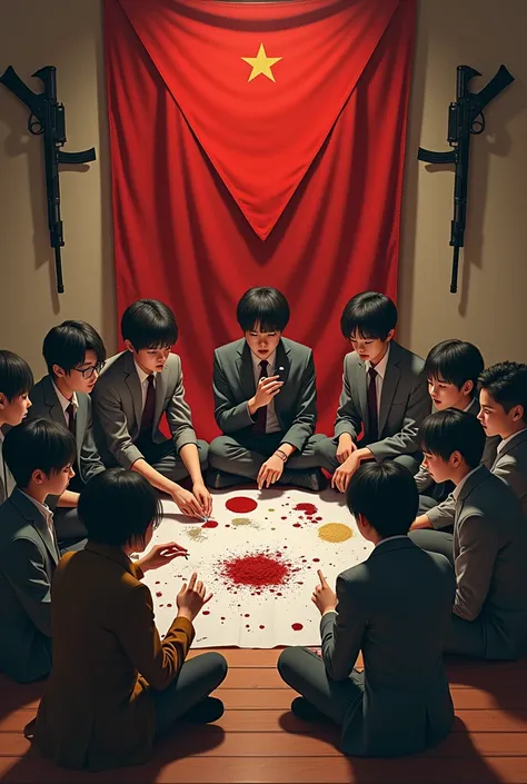 A group of 12 students of 22 years old dressed up like western sitting together in a round circle making a two of them making mixture on the paper with their one hand fingers and two of them smoking cigarettes red triangle flag on the front wall and dummy ...