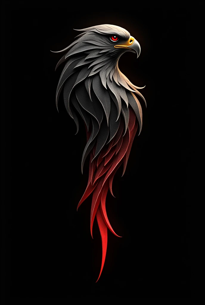 An exquisitely crafted logo showcasing a majestic red tailed rapunzel its dark gray and gold design shimmering against a solid black backdrop. The hawks form is sleek and abstract, with graceful, flowing lines exuding an air of sophistication. This strikin...