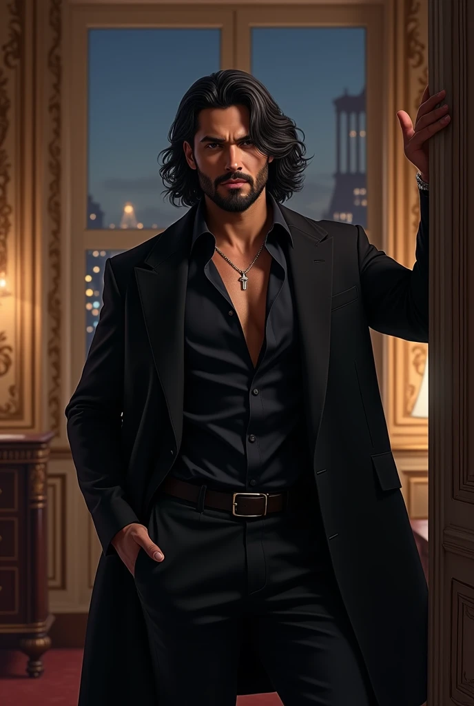 Realistic Illustration,  full body portrait . digital art.  Aesthetic and romantic image . He poses half a profile , zoom, Approach, diagonal view, Corner .  night environment, Midnight.  A muscular 40-year-old adult man ,  businessman and handsome in an o...