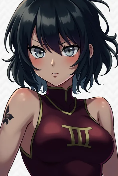 My hero academia oc Tired face and silver eyes but theres a hint of determination in her expression. Dark shaggy medium length hair. Shes in her hero uniform and her power is to summon peoples nightmares. She has a II tattoo on her neck. Shes fit built lik...