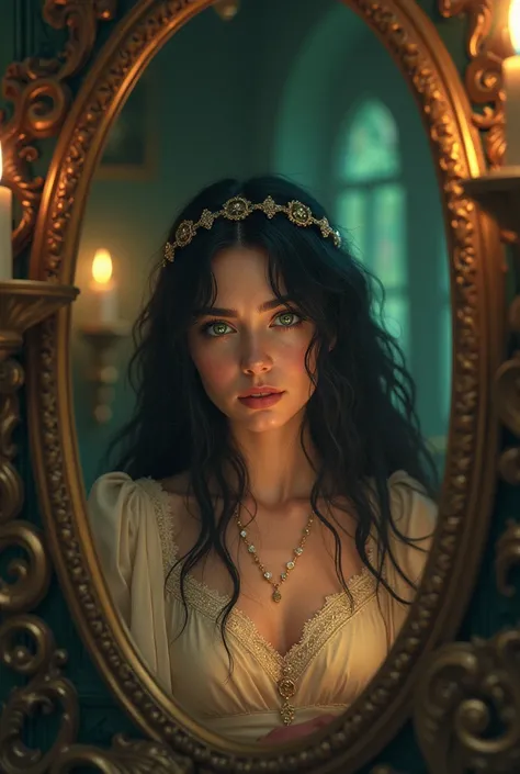 a 15-year-old princess with black , green-eyed , Blanca looking in the mirror shocked by having returned to the past after dying