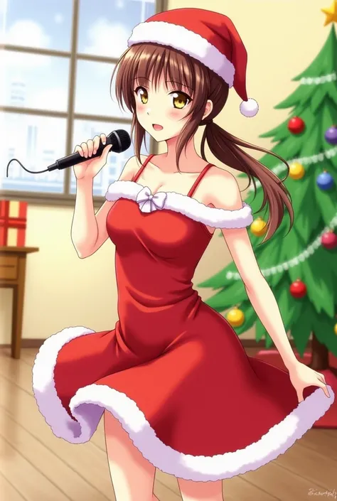 clean, {{scan}}, {{{masterpiece}}}, {{{high quality}}}, {{{animeted}}}, anime colored, {{{official art}}}, perfect body, younger, solo, 1girl, extreme detail, santa uniform, santa hat, santa dress, sleeveless, contrapposto, open stance, holding microphone,...