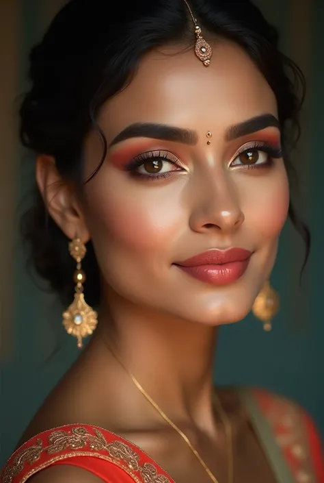 Create a portrait of an Indian woman in her thirties, exuding beauty and confidence. She has striking features enhanced by subtle makeup. Include a bindi on her brow, adding to her allure. Her lips are painted with a vibrant lipstick shade that complements...