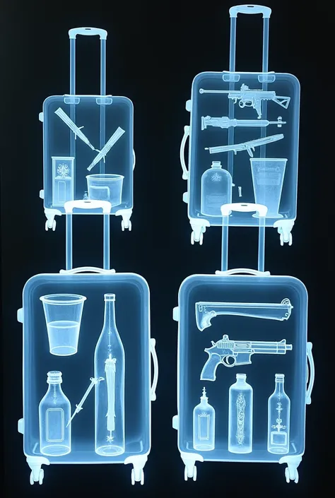 X-ray image of several airport suitcases that have things not allowed