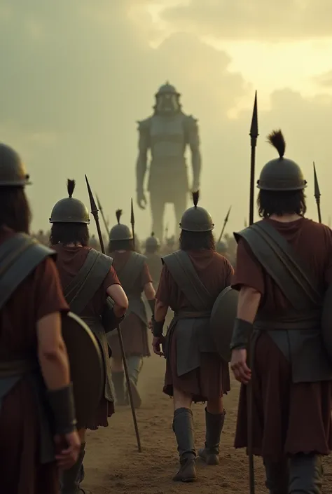 Ancient battlefield at dawn, with Israelite soldiers wearing simple tunics, leather helmets and holding wooden shields and spears. The setting has a gloomy atmosphere, with a light fog covering the ground. The soldiers have expressions of fear and uncertai...