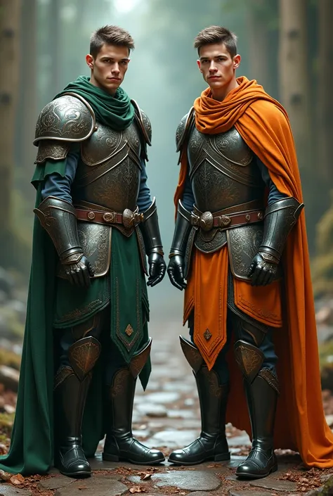  A duo of twin warriors, of DUNGEONS AND DRAGONS, two young men,  one with greenish armor ,  the other orange armor . Identical black boots . 8k, realism, RPG style.