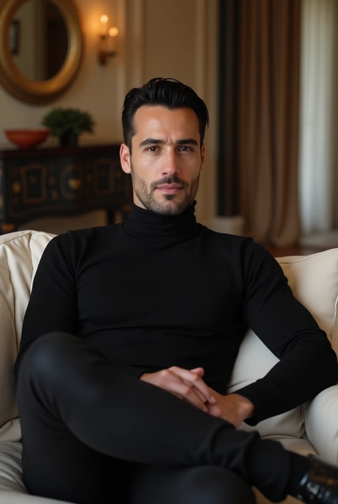 45 yo italian male,medium black slicked back hair,black turtleneck,black pants,sitting on a couch,in a luxurious greek mansion