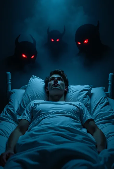 A young man lies in bed, paralyzed, with wide, terrified eyes. Dark, shadowy demons with glowing red eyes hover above him, their ghostly forms pressing down on his chest. The room is dimly lit with an eerie blue glow, casting long shadows that enhance the ...