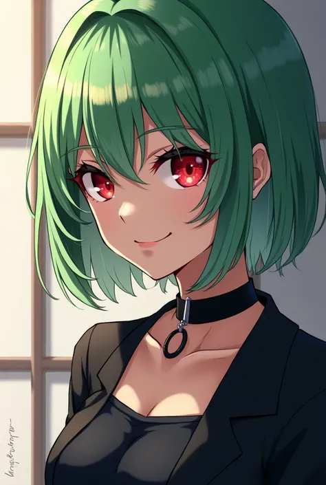 Beautiful girl with short blond green hair and red eyes, smiles, cunning, vituber , choker, black clothes, anime