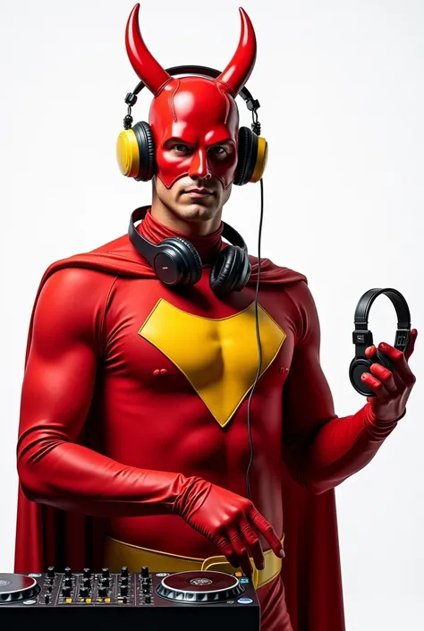 In photo hyperrealism, the character Chapulín Colorado with headphones and a microphone in his hand and with the other using a DJ controller with the background of the image in transparent PNG format 